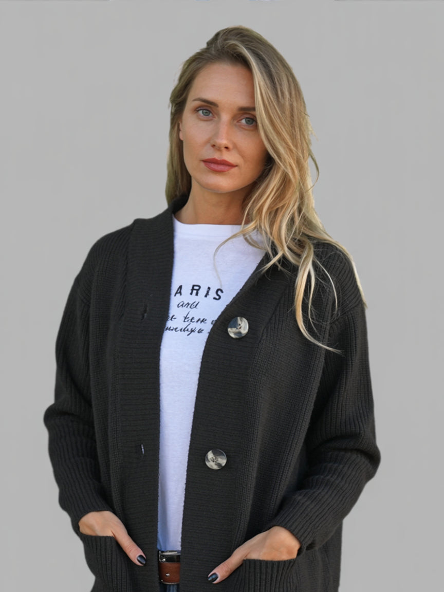 Yasmine – Lang strikket cardigan med hætte