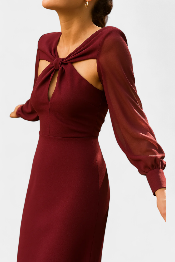 Julissa - Midikjole Bordeaux med Knude Detalje og Åben Ryg