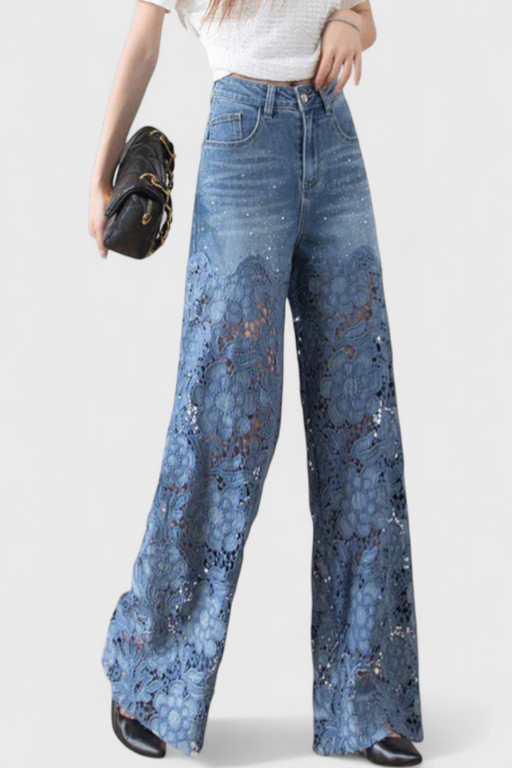 Jasiel - Palazzo Bukser i Blonde Denim med Blomstret Broderi