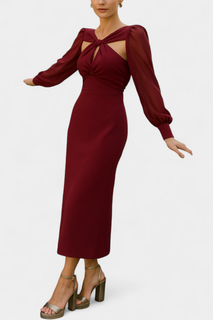 Julissa - Midikjole Bordeaux med Knude Detalje og Åben Ryg