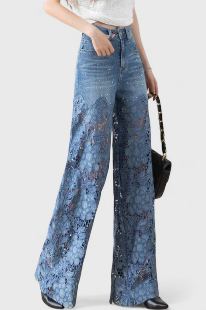 Jasiel - Palazzo Bukser i Blonde Denim med Blomstret Broderi